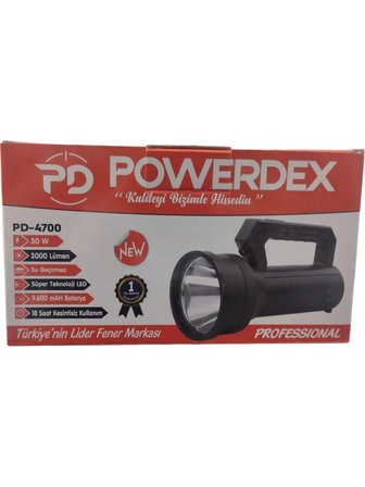 Powerdex PD-4700 Profesyonel El Feneri | 30W – 3000 Lümen – 9600 Mah – Metal Kasa – Powerbank – Dijital Göstergeli