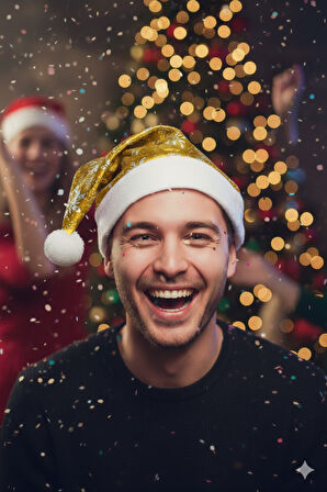 58 cm Parlak Kadife Gold Noel Baba Şapkası – Kardanesi Desenli Yılbaşı Parti Aksesuarı