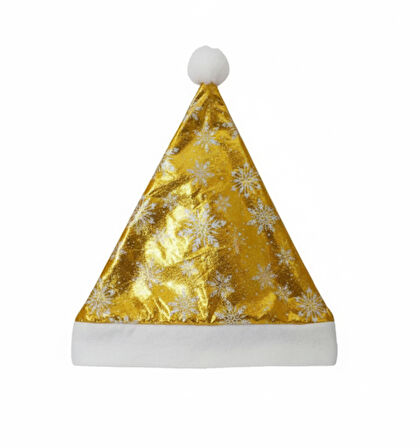 58 cm Parlak Kadife Gold Noel Baba Şapkası – Kardanesi Desenli Yılbaşı Parti Aksesuarı