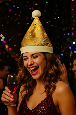 58 cm Parlak Kadife Gold Noel Baba Şapkası – Kardanesi Desenli Yılbaşı Parti Aksesuarı