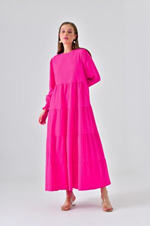 Fuşya Bisiklet Yaka Kol Gipe Detaylı Kat Kat Elbise