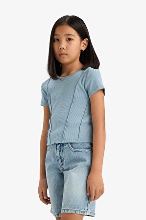 DeFacto Kız Çocuk Slim Fit Dar Kesim Bisiklet Yaka Basic Düz Ribana Kısa Kollu Tişört C0104A825SMBE760