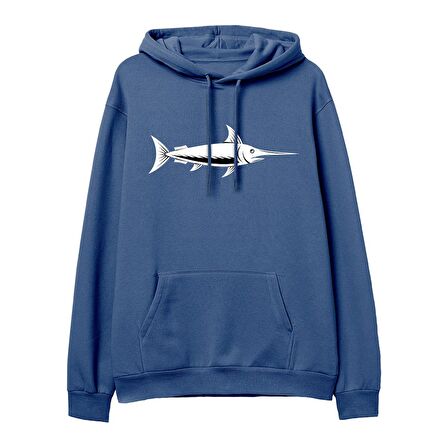 Fish Baskılı Hoodie-Royal Mavi