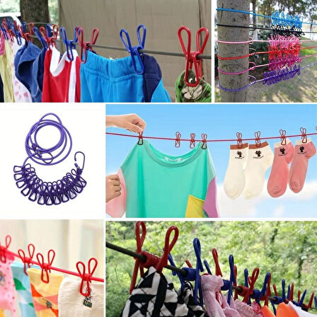 caselka® Taşınabilir Seyahat Çamaşır İpi 12 Mandallı Klipsli Lastikli Çamaşır Mandalları