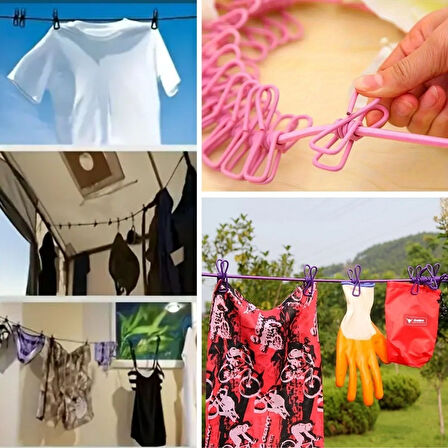 caselka® Taşınabilir Seyahat Çamaşır İpi 12 Mandallı Klipsli Lastikli Çamaşır Mandalları
