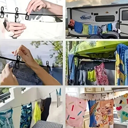 caselka® Taşınabilir Seyahat Çamaşır İpi 12 Mandallı Klipsli Lastikli Çamaşır Mandalları