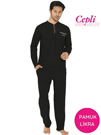 Erkek Siyah Bisiklet Yaka 3 Düğmeli Göğüs Cepli Pamuk Likra Mevsimlik Uzun Kol Cepli Pijama Takımı