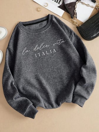 La Dolce Vita Italia Baskılı Bayan Kazak Bisiklet Yaka Y2K Gevşek Giyim Çok Renkli Rahat Kaza