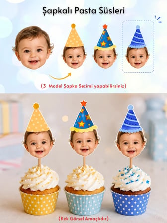 Pamuğum Atelier Kişiye Özel Fotoğraflı Şapkalı Cupcake Süsü | Yetişkin veya Bebek Doğum Günü Pasta Süsü (6 Adet)