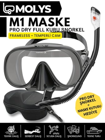 MOLYS M1 PROFESYONEL DALIŞ MASKESİ + MASKE KUTUSU + PRO FULL DRY TAM KURU ŞNORKEL + FREE DOM ANTI FOG BUĞU ÖNLEYİCİ FİLM