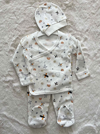 Uçak  Desenli Kendinden Eldivenli  3 lü Patikli Takım