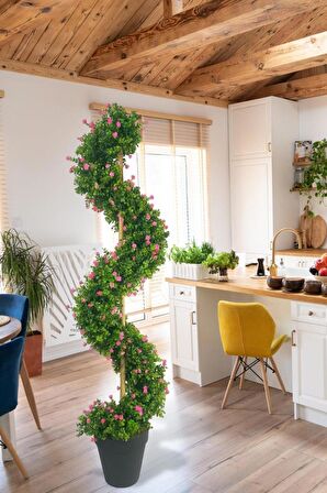 Yapay Ağaç Spiral Pembe Mineli Şimşir Ağacı 160cm Bambu Saplı Salon Bitkisi