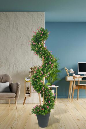 Yapay Ağaç Spiral Pembe Mineli Şimşir Ağacı 160cm Bambu Saplı Salon Bitkisi