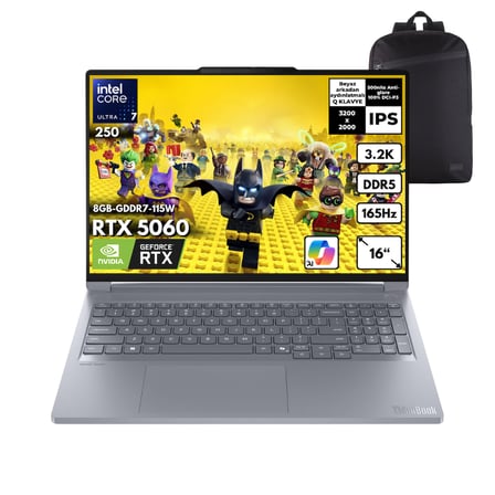 Lenovo Thinkbook 16P G6 IAX Ultra 7-255HX 48 -GBDDR5 4 TBSSD RTX5060 (8GB-GDDR7-115W) 16" 3.2K 165Hz IPS Windows 11 Home + HMF Sırt Çantası 21R0001GTXHMF35
