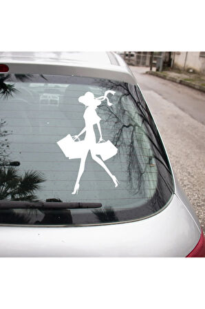 Alışveriş Yapan Kadın Sticker Oto Araba Etiket Beyaz Renk 18CM