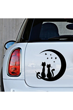 Ayın Üzerinde oturan 2Sevimli Kedi Oto Sticker yapıştırması 20CM Sİyah