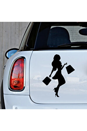 Elinde Çantası Bulunan Alışveriş yapan Mutlu Kadın Araba Sticker 20CM Siyah