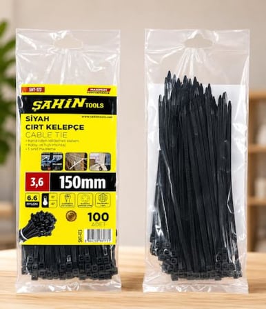 Şahin Tools 3,6 x 150 mm Siyah Cırt Kelepçe Kablo Bağı 100 Adet – Nylon