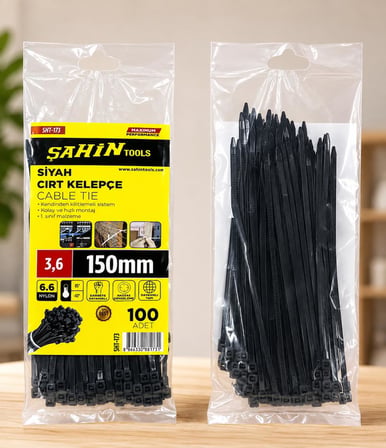 Şahin Tools 3,6 x 150 mm Siyah Cırt Kelepçe Kablo Bağı 100 Adet – Nylon