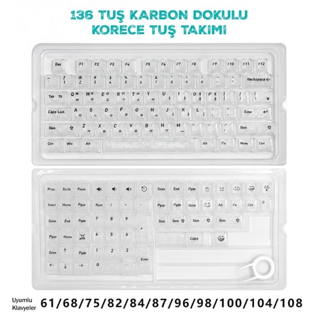 136 Tuş Korece PBT Tuş Takımı – Şeffaf Karbon Fiber Desenli Mekanik Klavye Keycaps Seti