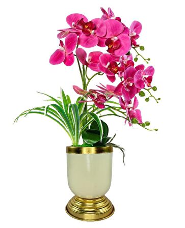 Yapay Çiçek 3lü Fuşya Orkide Metal Krem Gold Saksıda Orkide 60cm