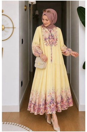 Çıtır Çiçek Desen Pamuklu Modal Elbise Sarı