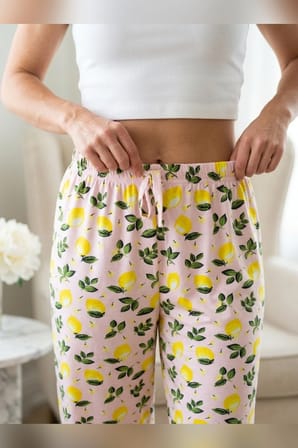 Büyük Beden Tek Alt Pijama Yumuşak Milan Kumaş İpli Bel Sarı Limon Baskılı Tropikal Loungewear Pantolon