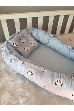 Baby Nest Mavi Panda Tasarım Lüx Ortopedik Babynest Jaju-babynest Anne Yanı Yatak