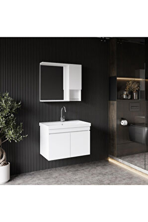 Deniz Banyo Dolabı Seti, 80 Cm Beyaz, Lavabo Dahil, Lavabolu