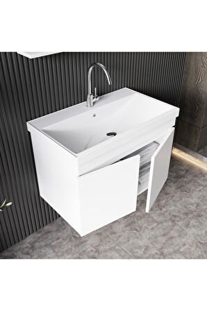 Deniz Banyo Dolabı Seti, 80 Cm Beyaz, Lavabo Dahil, Lavabolu