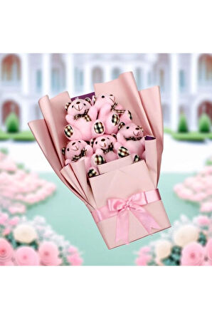 Pembe Ekose Oturan Peluş Ayıcık Buketi