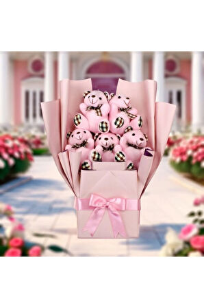Pembe Ekose Oturan Peluş Ayıcık Buketi