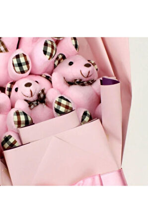 Pembe Ekose Oturan Peluş Ayıcık Buketi