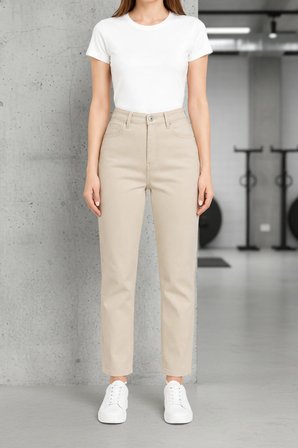 Kadın Jeans Krem Mom Jean Yüksek Bel Denim Kot Pantolon