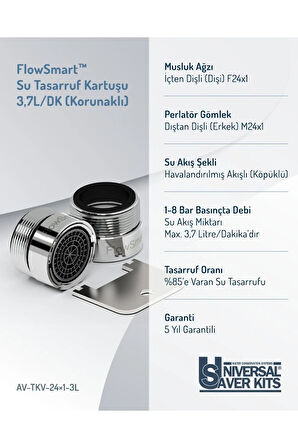 Su Tasarruf Perlatörü 3,7L/Dak. | Havalandırılmış Akışlı | Korunaklı Gömlek ØM24