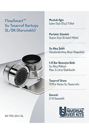 Su Tasarruf Perlatörü 5L/Dak. | Havalandırılmış Akışlı | Korunaklı Gömlek ØM24