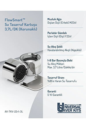 Su Tasarruf Perlatörü 3,7L/Dak. | Havalandırılmış Akışlı | Korunaklı Gömlek ØF22