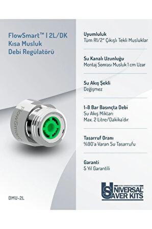 Kısa Musluk Debi Regulatörü 2L/Dak. | G1/2" (Yarım Parmak ≈ 22 mm) Dişli Bağlantı