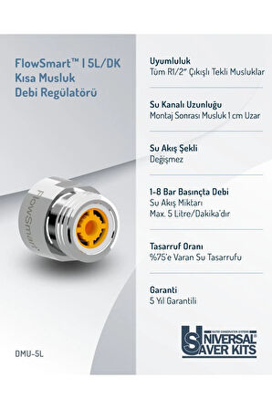Kısa Musluk Debi Regulatörü 5L/Dak. | G1/2" (Yarım Parmak ≈ 22 mm) Dişli Bağlantı