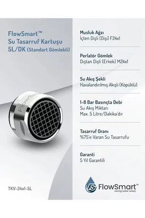 Su Tasarruf Aeratörü 5 L/dk | ØM22/F24 Uyumlu Çift Pasolu Gömlekli Perlatör | %75 Tasarruf