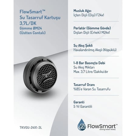 FlowSmart™ Gömme Su Tasarruflu Aeratör 3,7 L/Dk. | ØM24| %85’e Varan Tasarruf | Üstten Contalı