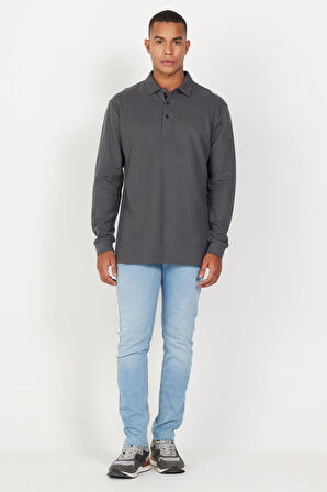 Erkek Antrasit Slim Fit Dar Kesim Polo Yaka %100 Pamuk Petekli Tişört