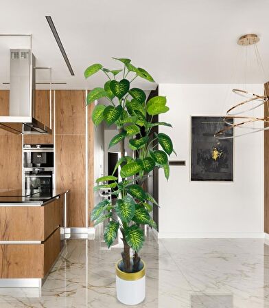 Yapay Çiçek Difenbahya Sarı Yeşil 3Katlı 190cm 54Yaprak Gold Kemerli Beyaz Saksıda Yapay Bitki