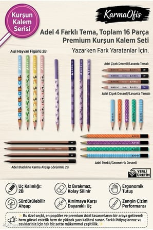 Premium Kurşun Kalem Seti 16 Parça 2B – Ergonomik, Dayanıklı, Silinebilir, Okul Ofis Çizim Kalemi