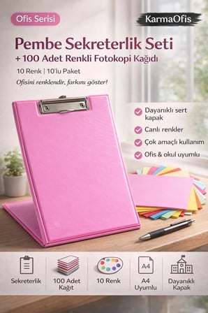 Pembe Sekreterlik Seti + 100 Adet Renkli A4 Fotokopi Kağıdı | Dayanıklı Kapak, Çok Amaçlı Kullanım