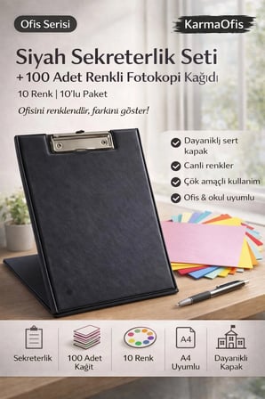 Siyah Sekreterlik Seti + 100 Adet Renkli A4 Fotokopi Kağıdı | Dayanıklı Kapak, Çok Amaçlı Kullanım