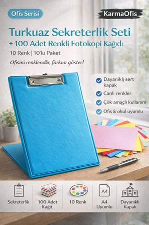 Turkuaz Sekreterlik Seti + 100 Adet Renkli A4 Fotokopi Kağıdı | Dayanıklı Kapak, Çok Amaçlı Kullanım