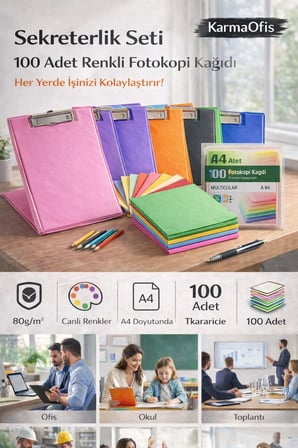 Turuncu Sekreterlik Seti + 100 Adet Renkli A4 Fotokopi Kağıdı | Dayanıklı Kapak, Çok Amaçlı Kullanım