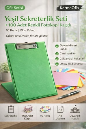 Yeşil Sekreterlik Seti + 100 Adet Renkli A4 Fotokopi Kağıdı | Dayanıklı Kapak, Çok Amaçlı Kullanım
