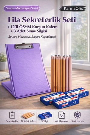 Lila Sekreterlik Seti + 12’li ÖSYM Kurşun Kalem + 3 Sınav Silgisi | Sınav Hazırlık Seti